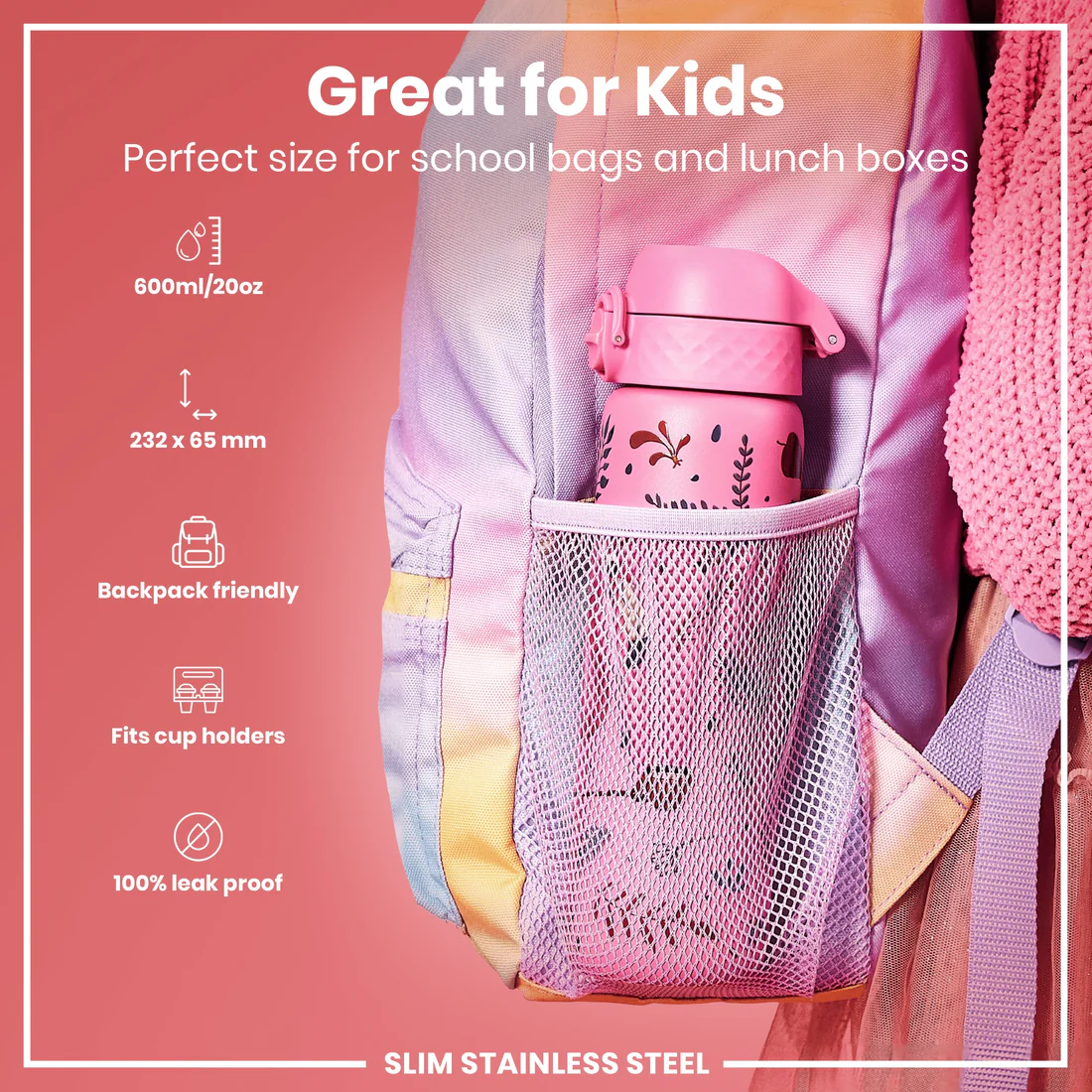 Ion8 Slim 600ml Stainless Steel Flamingo