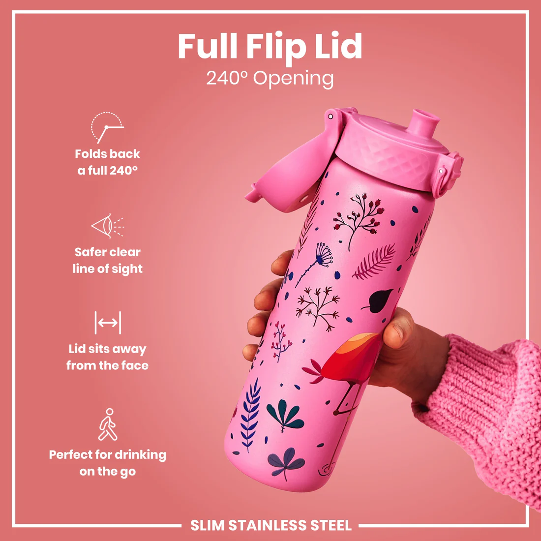 Ion8 Slim 600ml Stainless Steel Flamingo