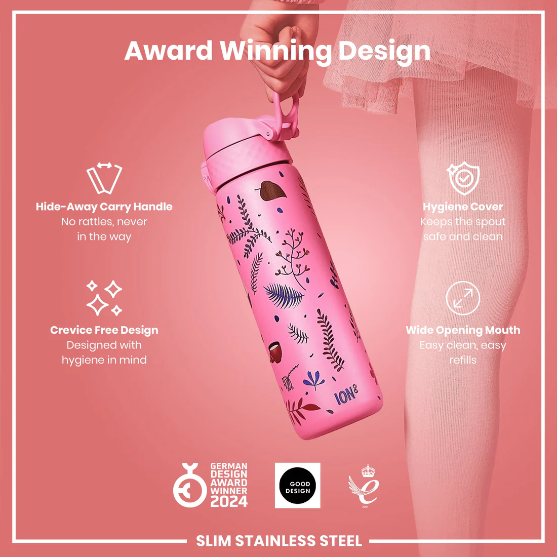 Ion8 Slim 600ml Stainless Steel Flamingo